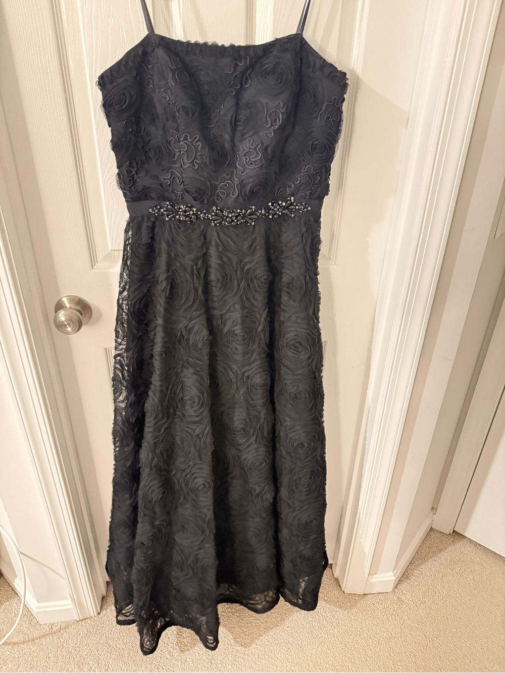 Adrianna Papell Black Rosette Strap Dress with Beaded Waist